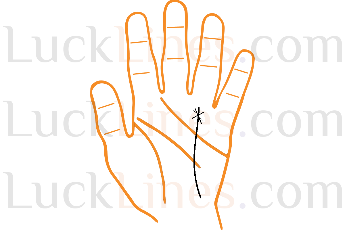 Palmistry diagram highlighting a Star on the Apollo Mount (सूर्य रेखा पर तारा) which represents sudden wealth and public recognition.