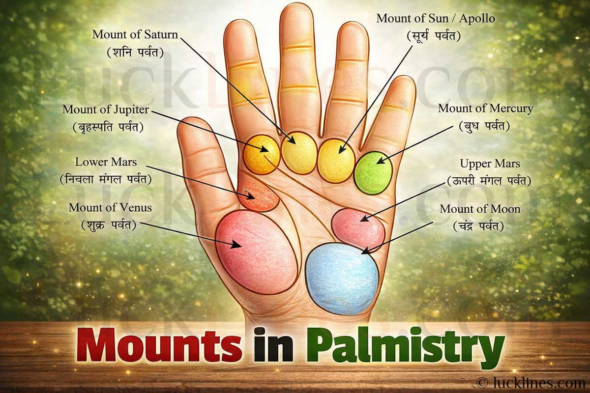 हस्तरेखा पर्वत - सातों पर्वतों का स्थान हथेली पर चित्रों द्वारा