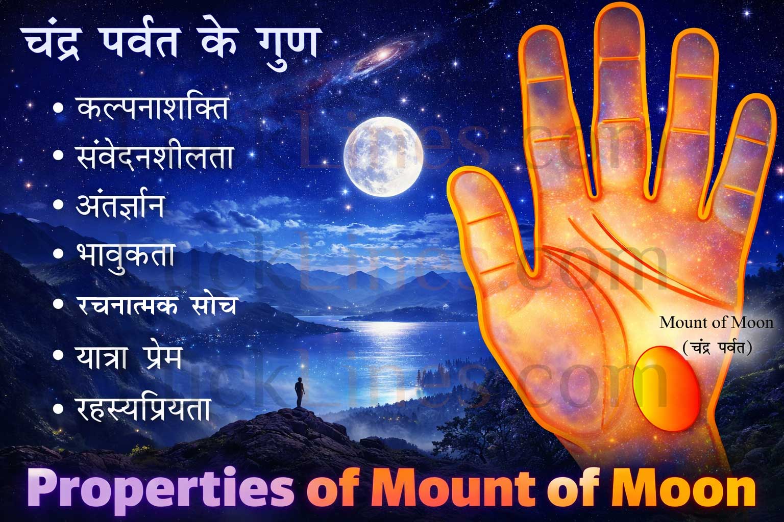 चंद्र पर्वत का स्थान एवं पहचान के लिए हस्तरेखा चित्र